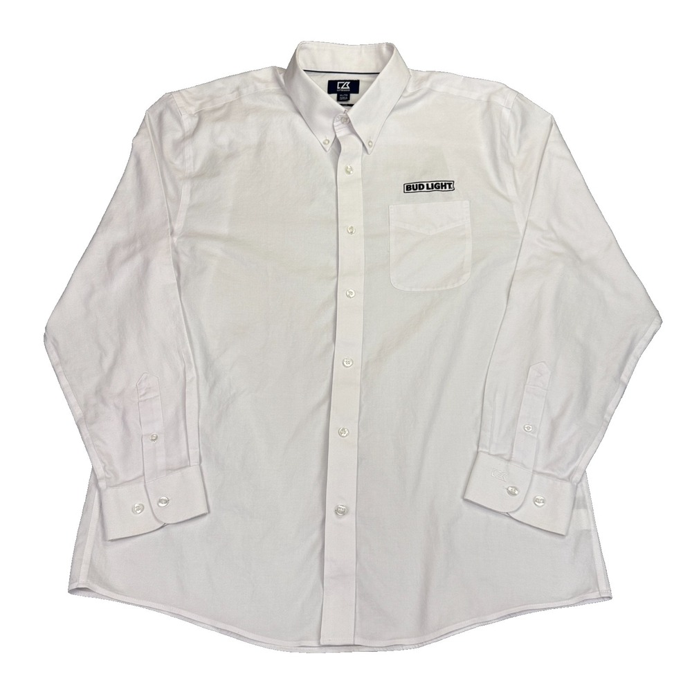 Cutter & Buck Men's Button Up Shirt Size XL Bud Light Beer White Long Sleeve EUC